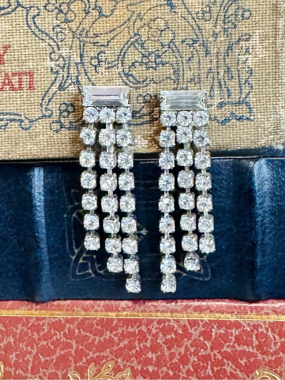 Vintage Rhinestone Waterfall Clip On Earrings